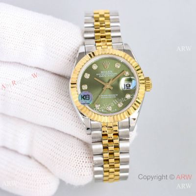 Clean Factory Rolex Ladies Datejust Watch Olive-Green 2-Tone 28mm